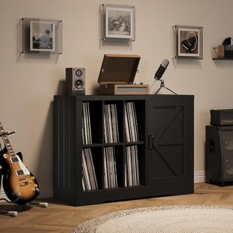 Takywep Record Player Stand with Door, Farmhouse Turntable Cabinet with Storage, Vinyl Record Storage Cabinet with Shelves for Up to 750 Albums, Multi-Purpose Wooden Media Console Table Takywep