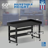 Borroughs® 60" Rolling Adjustable Workbench, 12-Gauge Steel Heavy-Duty Workstation w/Bottom Shelf & Edge Guards, 750 LBS Load Capacity Worktable for Borroughs
