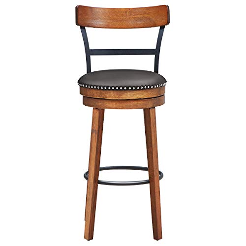 COSTWAY Bar Stools Set of 4, 360-Degree Swivel Stools with Leather Padded Seat, Single Slat Ladder Back & Solid Rubber Wood Legs, Bar Height Stools for Pub, Restaurant, Kitchen, Brown (4, 30.5) COSTWAY