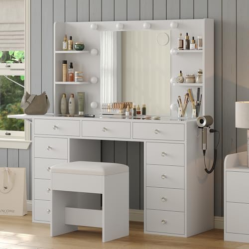 FUSOU Vanity Desk with Power Outlet, 11 Drawers Makeup Vanity with Lighted Mirror, 3 Colors Adjustable, Glass Top Vanity with Chair, 4 Shelves and Fold-up Panel, Dressing Table for Bedroom, White FUSOU