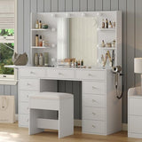 FUSOU Vanity Desk with Power Outlet, 11 Drawers Makeup Vanity with Lighted Mirror, 3 Colors Adjustable, Glass Top Vanity with Chair, 4 Shelves and Fold-up Panel, Dressing Table for Bedroom, White FUSOU