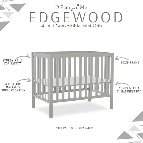 Dream On Me Edgewood 4-In-1 Convertible Mini Crib In White, JPMA Certified, Non-Toxic Finish, New Zealand Pinewood, With 3 Mattress Height Settings, Included 1" Mattress Pad Dream On Me