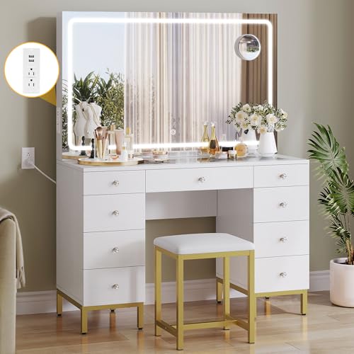 YITAHOME Vanity Desk Set, with XL LED Lighted Mirror Magnifying Glass & Power Outlet, 9 Drawers Makeup Vanities Dressing Table with Stool, White, 47 Inches - WoodArtSupply