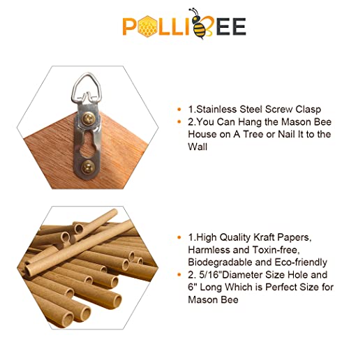 Mason Bee House - Handmade Natural Wooden Bee Hive Coated with Wax for Water-Proof and Long Service Life - Attracts Peaceful Bee Pollinators to Your Garden,Carpenter Bee Houses for Garden POLLIBEE