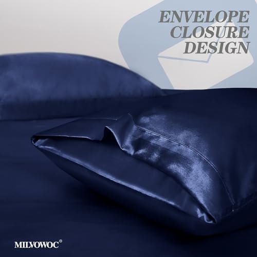 MILVOWOC 6 Pcs Navy Blue Satin Duvet Cover Full/Queen Size Set, Silky Bed Duvet Cover Ultra Soft Comforter Cover, 1 Satin Duvet Cover, 1 Body Pillowcase, 4 Pillow Cases (No Comforter) MILVOWOC