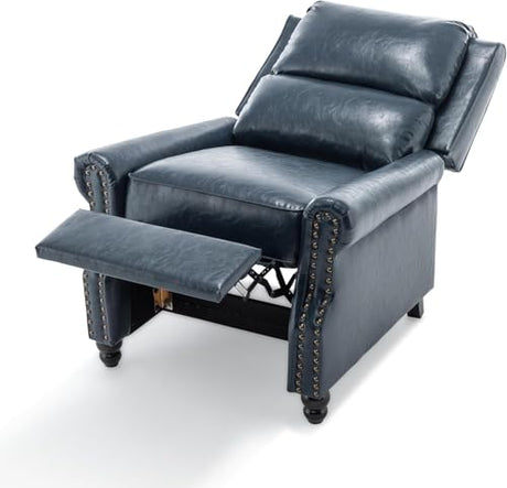 Pushback Recliner Chair, Faux Leather Wingback Recliner Chair, Upholstered Armchair Push Back Recliner with Wood Legs, Rivet Trim Single Sofa Accent Chair for Living Room, Bedroom, Navy Qatiby