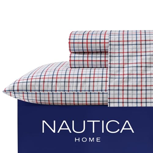 Nautica - Queen Sheet Set, Cotton Percale Bedding Set, Crisp & Cool, Lightweight & Breathable (Boating Tattersall Red, Queen) Nautica