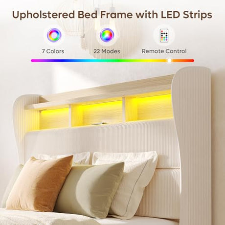 Bestier King Size Upholstered Wingback Bed Frame with 51” High Headboard Corduroy Fabric RGB LED Lights, Charging Station Dual Storage Shelves Modern Off White Platform Bed No Box Spring Needed Bestier