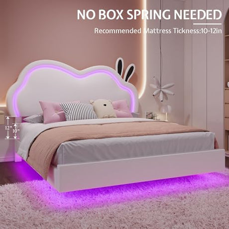 AMERLIFE Floating Full Bed Frame with Adjustable RGB LED Headboard, Leather Upholstered Platform Bed for Kids/Girls,Wood Slats Support, No Box Spring Needed, Easy Assembly, White AMERLIFE