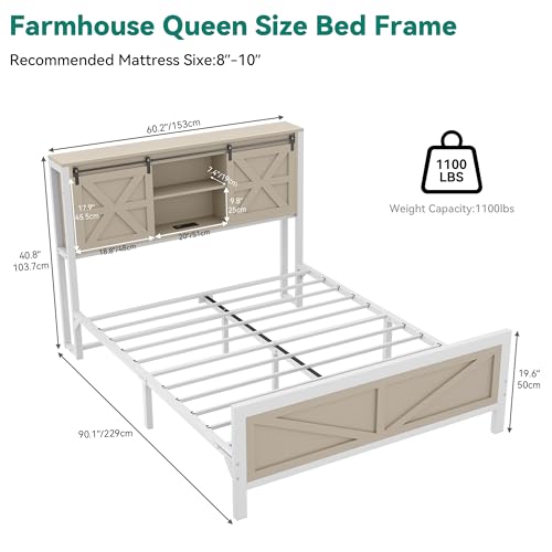 YITAHOME Rustic Oak Farmhouse Queen Bed Frame with Storage Headboard and Charging Station