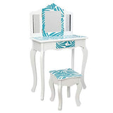 Ynredee Kids Vanity Set,Vanity Table and Chair with Three-Fold Mirror,Single-Drawing Curved Foot Children Dressing Table with Drawer (Blue and White) Ynredee