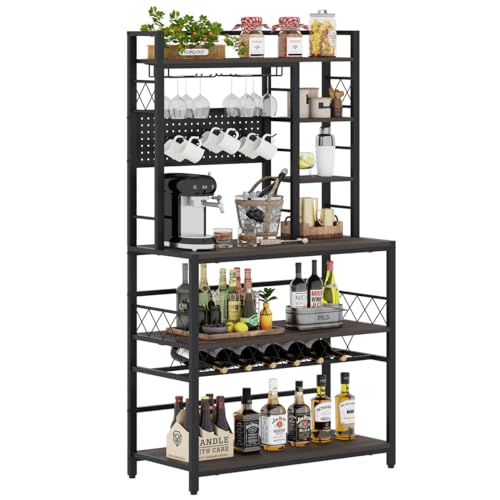 Aubtik Wine Rack Freestanding Floor, Liquor Bar Cabinet with Storage, Coffee Bar Table with Glass Holder，Bakers Stand for Home, 33.5" Wide (Walnut Brown)