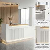 63" L-Shaped Reception Desk with LED Lights and Slatted Grille, Modern Front Desk with Built-in Outlets for Salon, Retail Store,Office,White Checkout Counter with Dimmable Switch,Reception Counter Laxodor