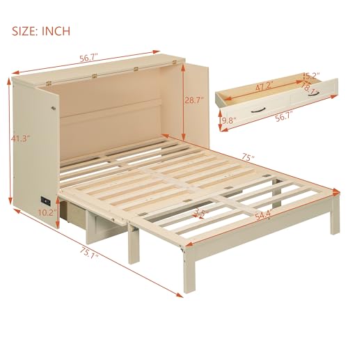 P PURLOVE Full Murphy Bed with Large Drawers, Wood Cabinet Bed with USB Port, No Box Spring Needed, Easy Assembly (Gold) P PURLOVE