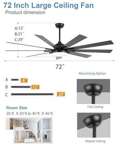POCHFAN 72 inch Large Ceiling Fans with Lights and Remote Control, Modern Black Ceiling fan with 9 Wooden Blades for Kitchen Living Room Patio, Quiet DC Motor, 3 CCT Dimmable,6 Speed POCHFAN