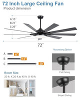 POCHFAN 72 inch Large Ceiling Fans with Lights and Remote Control, Modern Black Ceiling fan with 9 Wooden Blades for Kitchen Living Room Patio, Quiet DC Motor, 3 CCT Dimmable,6 Speed POCHFAN