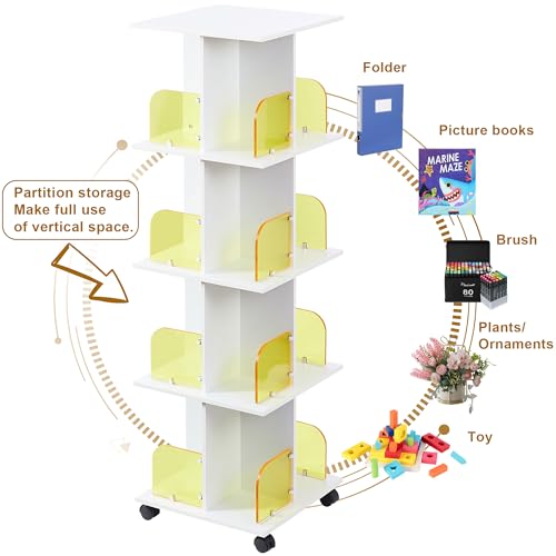 VECELO 4-Tier Rotating Corner Bookshelf with Wheels and Acrylic Dividers - Stylish Storage Solution for Home and Office VECELO