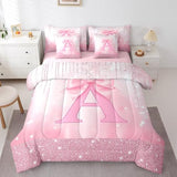 Feelyou Kids Pink Bowknot Bed in A Bag Full Size, Personalized Initial A Comforter Set with Sheets Princess Glitter 7 Pieces Bedding Set Boys Girls Bow Alphabet Teens Bed Set Bedroom Decor 7Pcs Feelyou