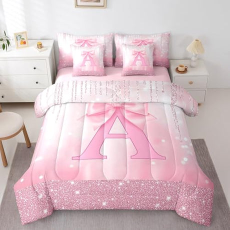 Feelyou Kids Pink Bowknot Bed in A Bag Full Size, Personalized Initial A Comforter Set with Sheets Princess Glitter 7 Pieces Bedding Set Boys Girls Bow Alphabet Teens Bed Set Bedroom Decor 7Pcs Feelyou