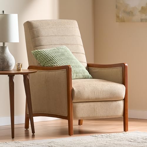 Mid Century Modern Fabric Channel Stitch Wood Pushback Recliner