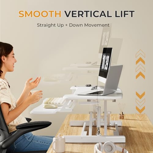 JOY worker Standing Desk Converter, 35" Height Adjustable Sit Stand Up Desk Riser with Keyboard Tray & 6 Fridge Magnets, Desktop Workstation Riser for Home Office Computer Laptop, White JOY worker