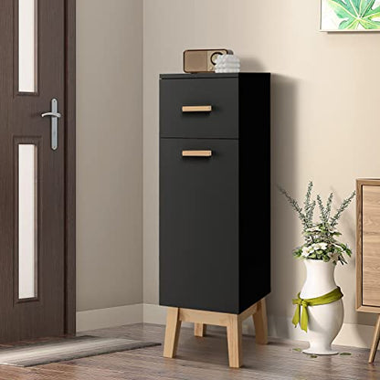 Tangkula Narrow Bathroom Storage Cabinet, Side Cabinet with Adjustable Shelves, Drawer and Pine Wood Legs, Small Bathroom Cabinet for Living Room Hallway (Black)