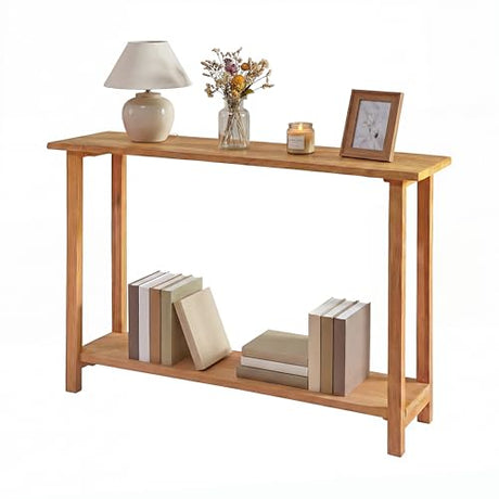 GOFLAME Solid Wood Entryway Table, 47” Console Table with Storage Shelf, Curved Tabletop, Teak Wood, Farmhouse, 2-Tier Rustic Behind Couch Sofa Tables Narrow Long for Living Room, Hallway, Natural GOFLAME