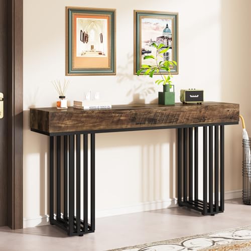 Tribesigns 55-Inch Console Table for Entryway, Industrial Hallway Table with Stylish Metal Frame, Sofa Foyer Table for Living Room, Entrance, Brown & Black. - WoodArtSupply