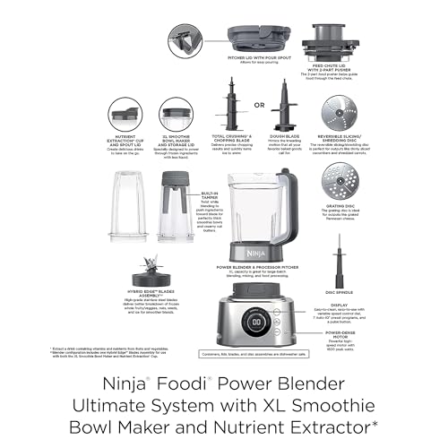 Ninja Blender and Food Processor Combo, Foodi Power Blenders For Kitchen and Personal Size, Smoothie Maker, 6 Functions for Bowls, Spreads, Shakes, 72-oz. Glass Pitcher & To-Go Cups, Silver SS401