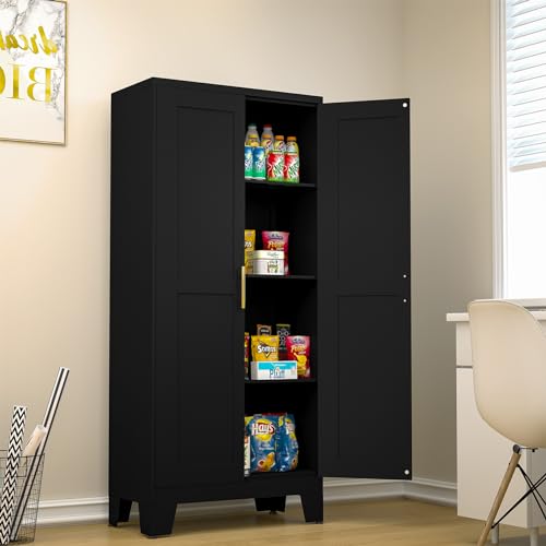 RISTERN Black Metal Storage Cabinet, 61" Steel File Cabinet for Home Office, Kitchen Pantry Storage Cabinet with Doors and 3 Adjustable Shelves, Metal Tool Cabinet, for Office, Home, Garage, School RISTERN