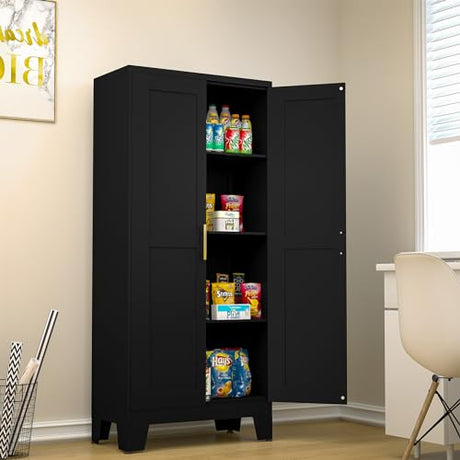 RISTERN Black Metal Storage Cabinet, 61" Steel File Cabinet for Home Office, Kitchen Pantry Storage Cabinet with Doors and 3 Adjustable Shelves, Metal Tool Cabinet, for Office, Home, Garage, School RISTERN