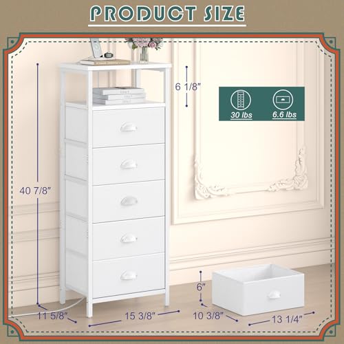 sthmec Nightstand with Charging Station,LED White Nightstands with 5 Fabric Drawers PU Finish, Bedside End Tables, 2-Tier Open Storage Shelf Side Table Nightstand with Drawers for Bedroom,White sthmec