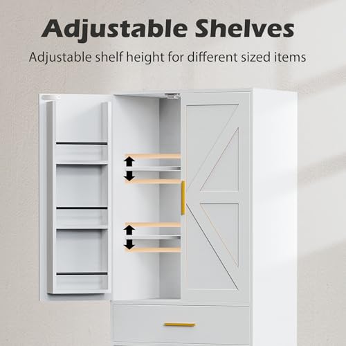 GTFURNI 71" Tall Kitchen Pantry Storage Cabinet with 4 Doors & Drawer, Adjustable Shelves, Farmhouse Cupboard, Freestanding Cabinet with Door Shelves for Dining Room/Living Space, White GTFURNI