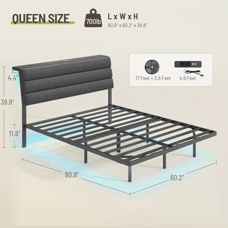 STHYTON Floating Bed Frame Queen, Platform Bed with LED Lights & Charging Station, Ergonomic Storage Headboard, Heavy Duty Metal Slats, No Box Spring Needed, Easy Assembly, Dark Gray STHYTON