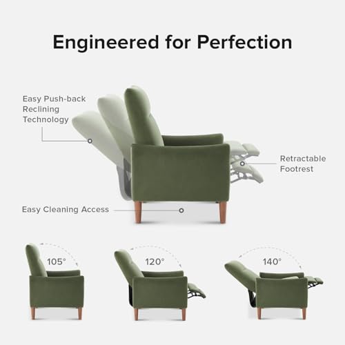 mopio Arthur Recliner Chair with 3 Positions, Accent Armchair, Mid Century Modern Reading Chair, High Back Padded Support Comfy Sleeper Armchair (Olive Green Velvet)