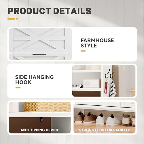DWVO White Farmhouse Storage Shoe Cabinet with 4 Flip Drawers for 24 Pairs,Shoe Organizer with Metal Legs for Entryway, Living Room, Hallway DWVO