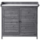 FAVSH 39" Outdoor Wooden Storage Cabinet with Metal Tabletop, Potting Bench with 2-Tier Shelves and Side Hook, Outdoor Cabinet for Garden Patio Backyard Lawn, Grey FAVSH