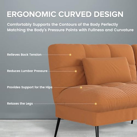 COMHOMA Convertible Sofa Bed,68″Fabric Couch with Adjustable Backrest,Loveseat Recliner Sleeper Living Room Furniture futon Set,Orange COMHOMA