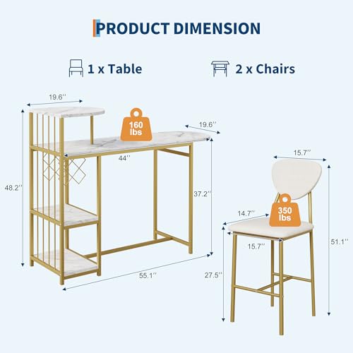 Garvee Dining Table Set for 2, 3-Piece Expandable Bar Table and Chairs Set, with Storage Shelves and Wine Rack, Small Kitchen Dining Set for Living Room, Apartment Garvee