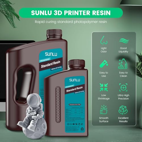 SUNLU Standard 3D Printer Resin Plus, Fast-Curing Photopolymer Resin for LCD/DLP/SLA Printers, 395-405nm UV, Low Shrinkage and High Precision, Grey 1KG