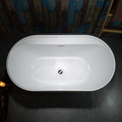 WOODBRIDGE 59" Acrylic Freestanding Bathtub Contemporary Soaking White Tub with Chrome Overflow and Drain,B0064-C WOODBRIDGE