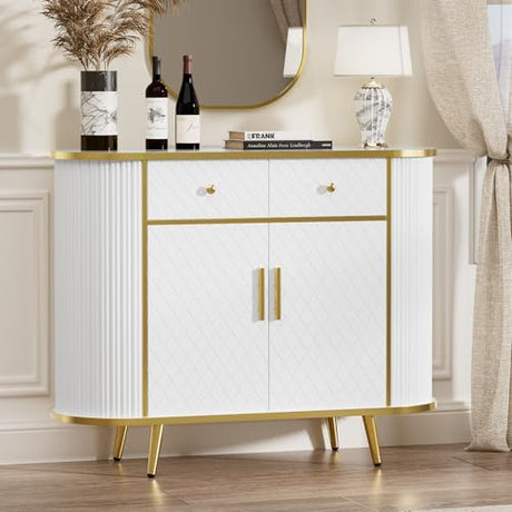 LUMIINOFAMI Sideboard Buffet Cabinet with Storage, 43.3'' Modern Coffee Bar Entryway Cabinet with Drawers, Console Table with Storage Gold Sealed Edge Luxury Style for Living Room, Hallway (White) LUMIINOFAMI