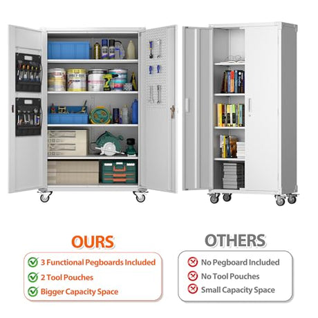 Aobabo Extra Large Garage Storage Cabinet on Wheels, Metal Storage Cabinets with 4 Adjustable Shelves, 3 Pegboards and 2 Tool Pouches for Home Office Stash, Assembly Required Aobabo
