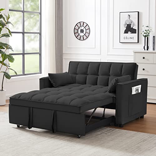 QKFF Convertible Sleeper Sofa Bed, 3 in 1 Modern Velvet Loveseat Futon Sofa Couch with Pullout Bed Reclining Backrest Toss Pillows Pockets for Living Room(Black) QKFF
