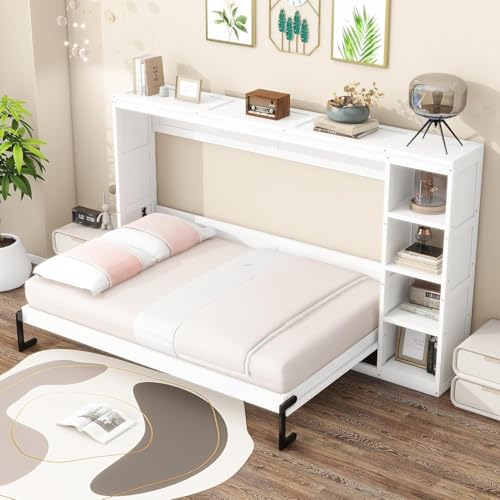 Virubi Full Horizontal Murphy Bed with Storage Shelves,Wood Fold Up Modern Murphy Wall Bed Cabinet with Storage Bookcase for Adults (White,Full) Virubi