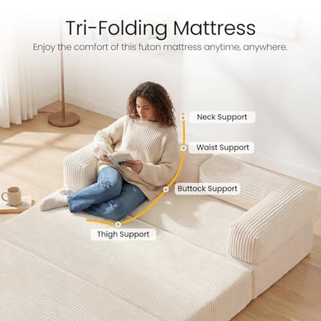 Tri-Folding Mattress Queen Futon Sofa Bed, Convertible Tri Fold Mattress Foldable with Removable Armrests & Washable Cover, 5-Inch Floor Mattress with High-Density Foam, Small Couch Bed, Beige Erament