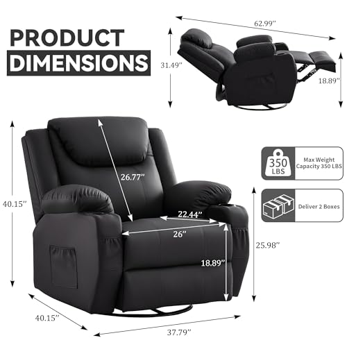 Korser Oversized Recliner Chair, 360° Swivel Recliner for Adults,Swivel Rocker Recliner Chair with Heat and Massage, Manual Recliner with Remote Control and Cup Holders for Living Room, Faux Leather Korser