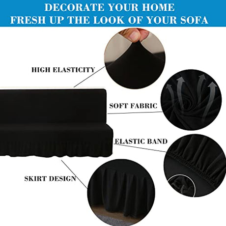 Futon Cover-Stretch Armless Futon Covers Full Size With Skirt Ruffled Futon Sofa Cover Washable Folding Sofa Bed Cover Soft Futon Couch Cover Slipcover With Elastic Bottom For Kids,Pets(Black) ANWUCHEN