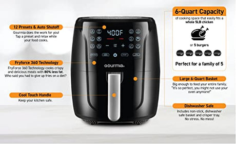 Gourmia Air Fryer Oven Digital Display 6 Quart Large AirFryer Cooker 12 1-Touch Cooking Presets, XL Air Fryer Basket 1500w Power Multifunction Black and Stainless Steel Accents FRY FORCE GAF686 Gourmia