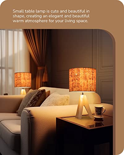 EDISHINE Small Table Lamp, Wooden Tripod Nightstand Lamp with Bark Linen Shade, Farmhouse Bedside Lamp for Nursery, Bedroom, Kids Room, Office, Reading Desk, 14.2 Inch, E26 Socket, ON/Off Switch EDISHINE